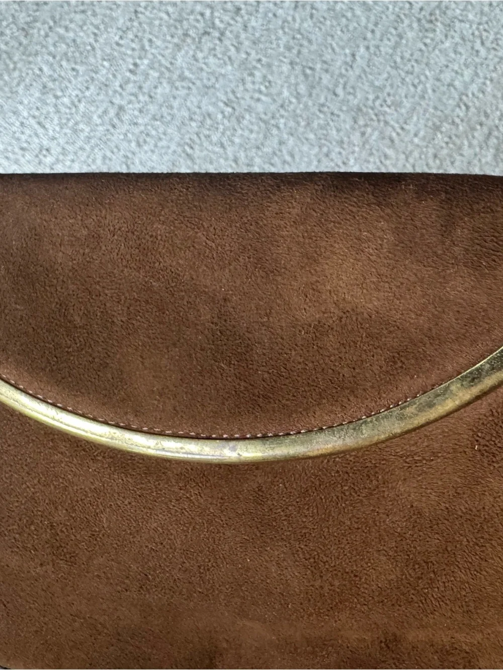 Vintage Brown Suede Envelope Clutch Handbag Gold Tone Accent Bar Metal Clasp